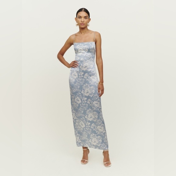 NEW Reformation Frankie Silk Dress  in Porcelain Blue Floral | size 6 - Picture 4 of 13